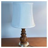 Turned Wood & Brass Table Lamp | Vintage turned wood and brass lamp, including white lampshade. - h.