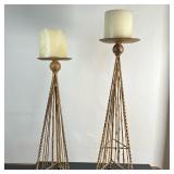(2pc) Tall Pyramid-Shaped Candleholders | Pair (2) of tall painted metal candleholders in a tripod/p