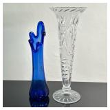 (2pc) Cobalt Blue Vase & Fluted Vase | "Five Finger" cobalt blue swung glass vase Pressed glass foot