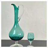 (2pc) Turquoise Art Glass Decanter & Glass | Vintage (mid century) turquoise-colored art glass decan