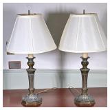 (2pc) Bronze Cast Metal Table Lamps | Pair (2) of bronze cast metal table lamps with lampshades. Dim