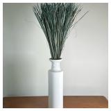 Tall White Ceramic Vase With Dried Grass | Tall white ceramic vase with dried grass, marked "Made in