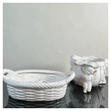 (2pc) Porcelain Basket Centerpiece & Angelic Cachepot | White porcelain basket with handles as cente