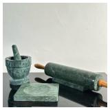 (3pc) Green Marble Kitchen Accessories | Green marble mortar and pestle Green marble rolling pin wit