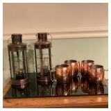 (6pc) Brass/Copper Oil Lamps & Moscow Mule Mugs | Pair (2) of vintage brass/copper hurricane oil lam