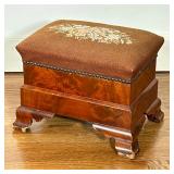 Burlwood & Needlepoint Footstool #1 | Antique American Empire style footstool with a sturdy burlwood