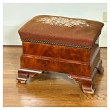Burlwood & Needlepoint Footstool #2 | Antique American Empire style footstool with a sturdy burlwood