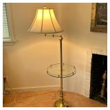Brass Floor Lamp With Glass Shelf | Brass floor lamp with glass shelf, adjustable brass arm, and whi