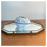(2pc) Mirrored Vanity Tray & Egg Trinket Box | Vintage vanity items including an octagonal mirrored 