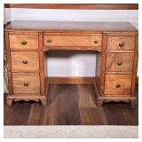 Pinewood Seven-Drawer Desk | Vintage pine wood desk with seven (7) drawers, three (3) on either side