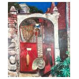 Unknown Artist, Oil Painting - Red Gates | Painting of red gate doors leading to an old world style 