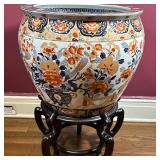 Chinese Imari Style Fishbowl | Chinese Imari style red and orange floral detailed porcelain fishbowl