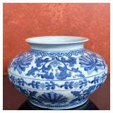 Chinese Porcelain Cachepot - Blue | Chinese white porcelain cachepot with blue floral details. After