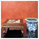 (2pc) Chinese Bonsai Stand & Cachepot | Vintage (mid 20th c.) Chinese carved rosewood bonsai stand w