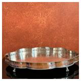 Silver Plate on Copper Footed Tray | Silver plate on copper serving tray with scalloped gallery edge