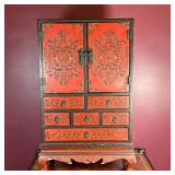 Chinese Red Lacquered Jewelry Cabinet | Vintage (20th c.) red lacquered jewelry cabinet with hinged 