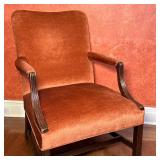 George III Style Rust Colored Velvet Armchair | Vintage George III style mahogany carved library arm
