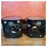 (2pc) Chinese Black Lacquer Side Tables | Pair of (possibly) Chinese black lacquered wood painted bo