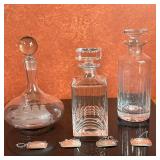 (7pc) Crystal Decanters & Silver Labels | Collection of crystal decanters and silver labels: Vintage