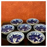 (7pc) Chinese Porcelain Bowls - Koi Fish | Chinese blue and white porcelain bowls featuring a koi fi