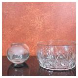 (2pc) Crystal Rose Bowl & Cut Glass Bowl | Modern (21st c.) crystal rose bowl with etched world map 