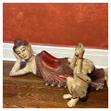 (2pc) Thai/Buddhist Figure - Reclining Buddha and Carved Figure | Thai/Buddhist painted wooden figur