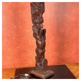 Indian Wooden Carved Lamp - Yali/Lion | Indian (South India) hand-carved wooden lamp, depicting a my