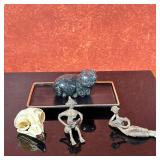 (5pc) Indian Metalwork Figures & Others | Great horned owl skull replica decorative item Indian Dohk