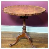Round Wooden "Pie Crust" Tilt Table | Vintage (mid 20th c.) "pie crust" edge wooden table with carve