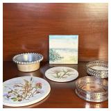 (6pc) Coasters & Wine Bottle Stands | Square coaster with hand-painted beach scene Round "beaded" ri
