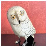 Wooden Figure - Snowy Owl | Hand-painted, wooden snowy owl figure with brass feet. - h. 9 x w. 8.5 x