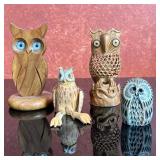 (4pc) Wooden Figures - Owls | Collection of wooden owl figures, including: Modern (21st c.) smooth c