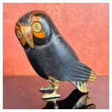Wooden Figure - Black Owl | Hand-painted, wooden black owl figure with brass feet. - h. 9.5 x w. 8.5
