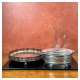 (3pc) Glass & Silver Plate Serve ware | Glass cocktail pitcher with glass stirrer: h. 10" Pyrex glas