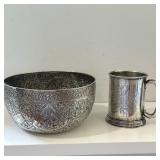 (2pc) Silver Plate Bowl & Mug | Victorian style silver plated (Christening) mug with handle and engr