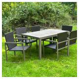 (7pc) OUTDOOR PATIO DINING SET TABLE & CHAIRS | Including table & 6 armchairs. Chairs faux wicker - 