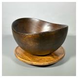 (2pc) Salad Bowl And Lazy Susan | Dark wood deep bowl and spinning tray made in Vermont - dia. 12 in