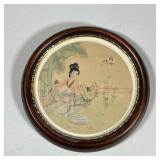 ASIAN SILK PAINTING | Round Asian silk painting 7 in. Diameter sight - dia. 9.5 in