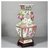 FAMILLE ROSE VASE | Geometric famille rose style vase with figural scenes, decorated with pomegranat