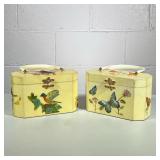 (2pc) SAKS FIFTH AVE WOOD HANDBAGS | Set of 2 carved wood handbags with stitched cloth interior - h.