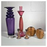 (6pc) Assorted Candle Holders | Including pair of MCM, round wooden holders, pair of small ceramic h