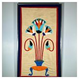 LINEN TAPESTRY ARTWORK | Stitched linen tapestry. Egyptian; Lotus Appliqué - h. 30.75 x w. 18.75 in