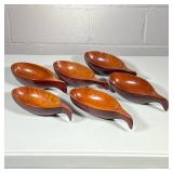 (6pc) MCM Individual Bowls | Possibly teak or monkey pod wood. Used for serving snacks, nuts. Dimens