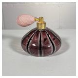 BLOWN GLASS PERFUME BOTTLE | Having a purple striped design - h. 3.5 x dia. 4 in