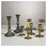 (6pc) BRASS SHABBAT CANDLESTICKS | 3 pairs of brass Shabbat candlesticks including: Tree of Life can