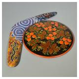 (2pc) Boomerang And Wall Art | Hand-made boomerang from Australia, hand-painted. Soviet era round, w
