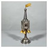 800 SILVER BESAMIN | Judaica 800 Silver besamin or Spice Tower with brass bells & flag, stamped on r