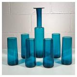 (7pc) Nanny Still for Rihimaen Lasi Oy Decanter & Glasses | Blue decanter & set of 6 matching glasse