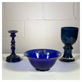 (3pc) Matching Bowl And Candle Stick Holder Plus Vase/Challis | Dark blue bowl and candlestick holde