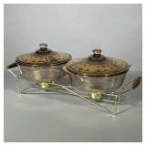 FIRE-KING DOUBLE STERNO SET | Pair of gilt & glass lidded bowls with sterno mount - h. 8 x w. 10 x l